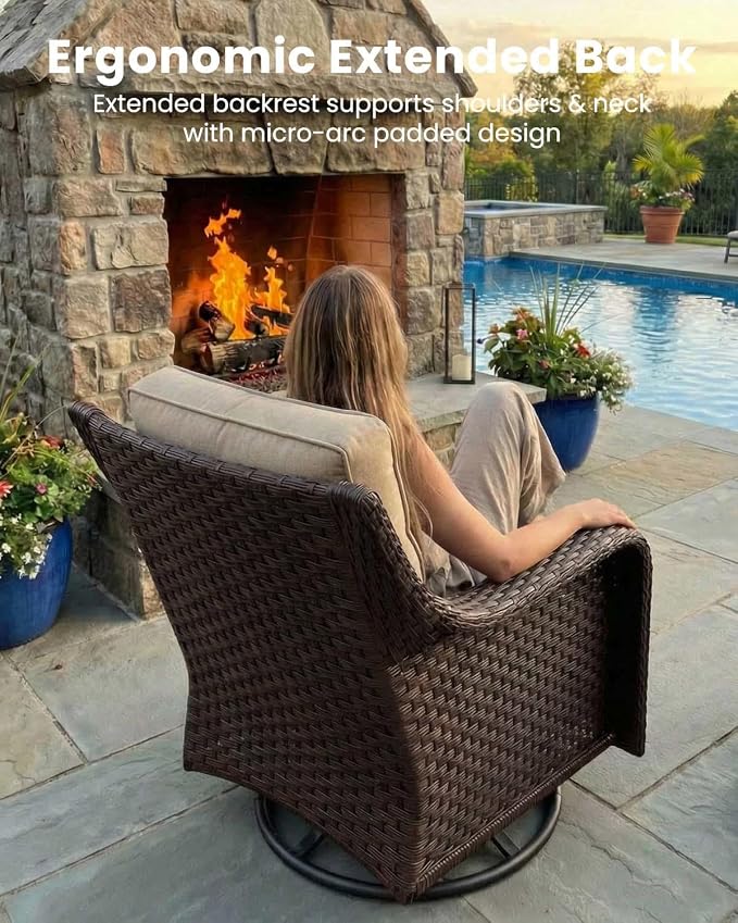 6 Pieces Outdoor Furniture Set with 6-inch Cushions, High Back Wicker Swivel Rocker Chairs with Coffee Table, Luxury Conversation Set for Deck Patio and Poolside
