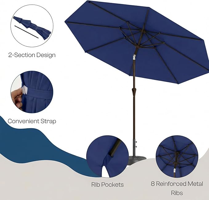 Outdoor Patio Umbrella, 2 Tiers Market Table Umbrella with 8 Sturdy Ribs, Push Button Tilt and Crank, UPF50+ UV Protection for Deck, Pool, Garden and Backyard
