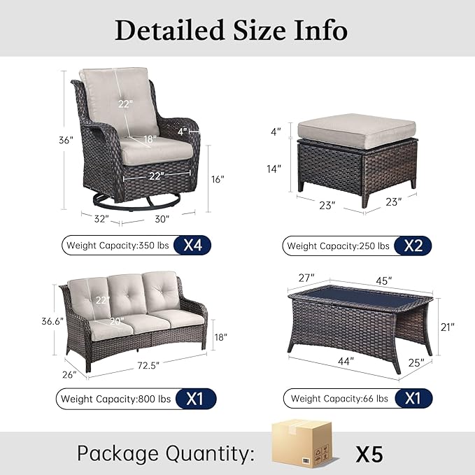 8 Piece High Back Wicker Patio Furniture Set - Patio Conversation Set with 4 Inch Thick Cushions and Deep Seating Swivel Glider Chairs Set of 4 & Outdoor Couch for Porch Deck Yard Pool