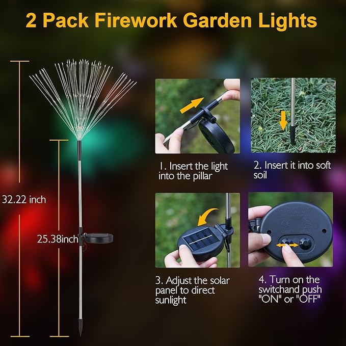 Solar Lights Outdoor, 2 Pack Solar Firework Lights Outdoor – 150 LED, 8 Modes, IP65 Waterproof Garden Pathway Decor | Warm White Solar Powered Stake for Yard, Patio, Easter & Holiday Decoration