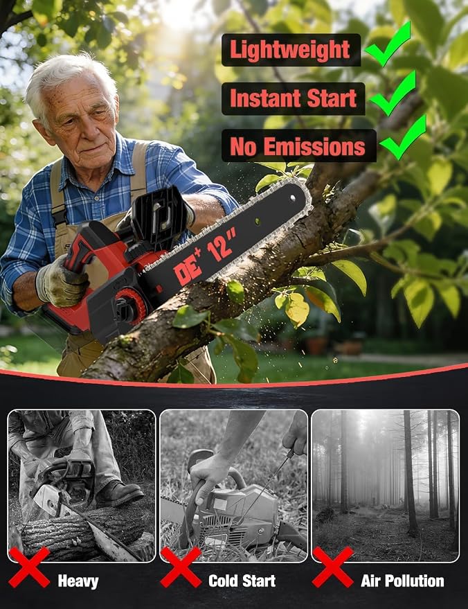 12 Inch Brushless Electric Chainsaw Cordless, for Milwaukee M18 Battery,44.3 FT/S Powerful Cutting Heavy Duty Chain Saw, Auto Oiler Low Kickback Battery Powered Chainsaw for Tree Trimming Wood Cutting