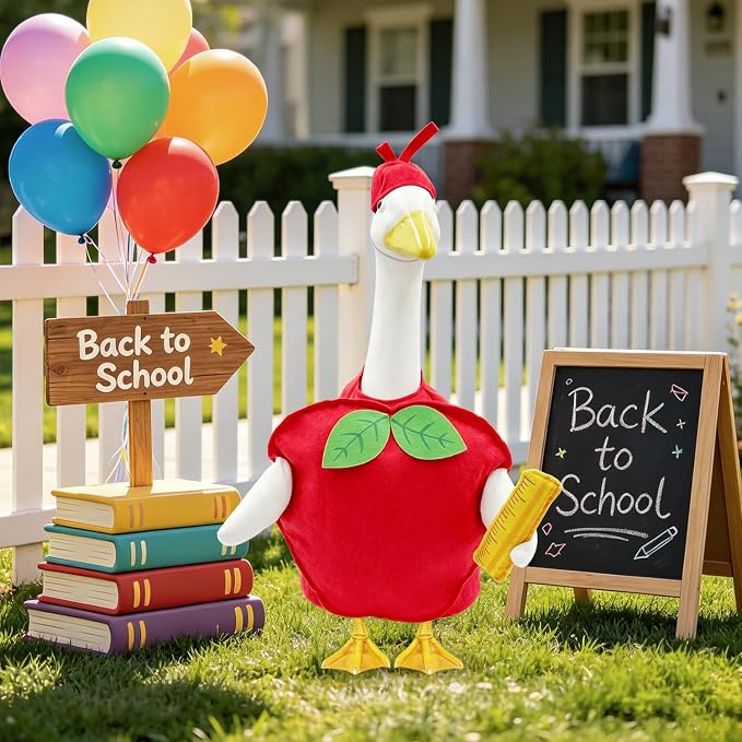 Back to School Porch Goose Outfits for 23 Inch Lawn Goose Statue,Cute Red Apple Goose Statue Costume, Porch Goose Clothes for School Classroom Outdoor Garden Yard Patio Statue Decor