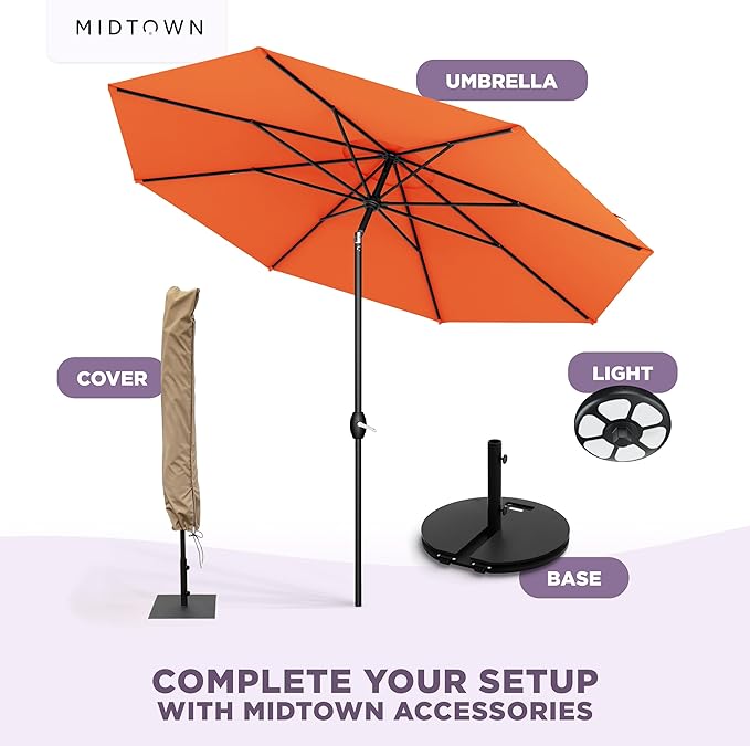 Midtown Umbrellas - 10-Year-No-Fade 9 Ft Patio Umbrella with Terylast Fabric, Auto-Tilt Aluminum Frame and 8 Reinforced Ribs for Deck, Pool, Garden & Beach - Tangerine Canopy, Black Pole