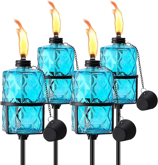 4 Pack Blue Glass Garden Torch,60-Inch Outdoor Torch Garden Décor, Upgraded 12 oz Citronella Torches with 3-Prong Grounded Stake,Metal Light Torches for Party Patio Pathway