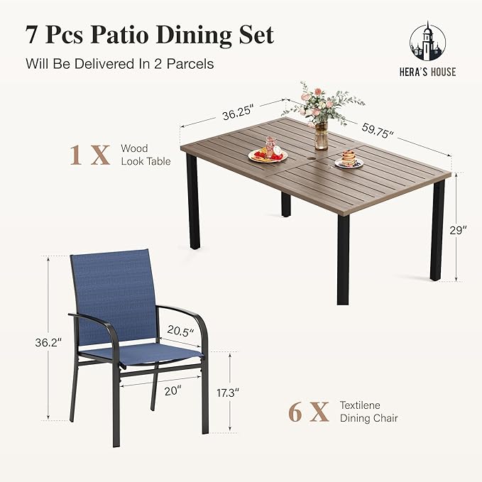 HERA'S HOUSE Patio Table and Chairs for 6, 7 Pieces Outdoor Deck Dining Sets, Wood-Like Rectangular Metal Table Set with Chairs for Lawn Garden Backyard, Blue