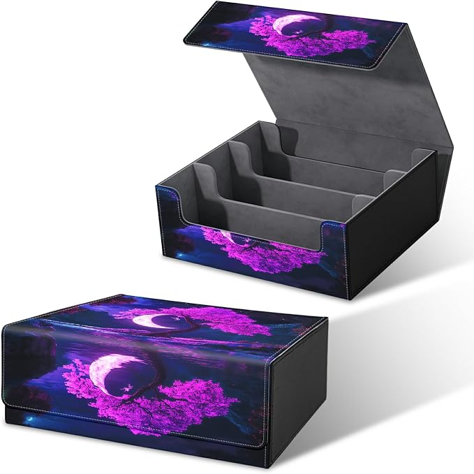 Large Card Deck Box for MTG, Fits 1200+ Sleeved Cards, PU Leather Storage Case with Strong Magnetic Closure, Multiple Colors for TCG CCG Baseball Card Collections, Purple Moon Tree