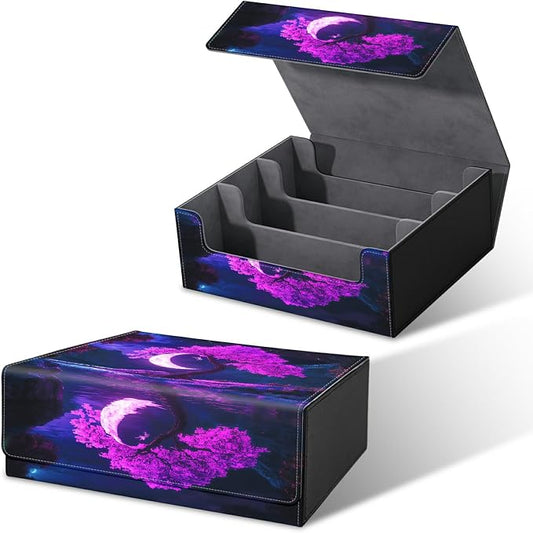 Large Card Deck Box for MTG, Fits 1200+ Sleeved Cards, PU Leather Storage Case with Strong Magnetic Closure, Multiple Colors for TCG CCG Baseball Card Collections, Purple Moon Tree
