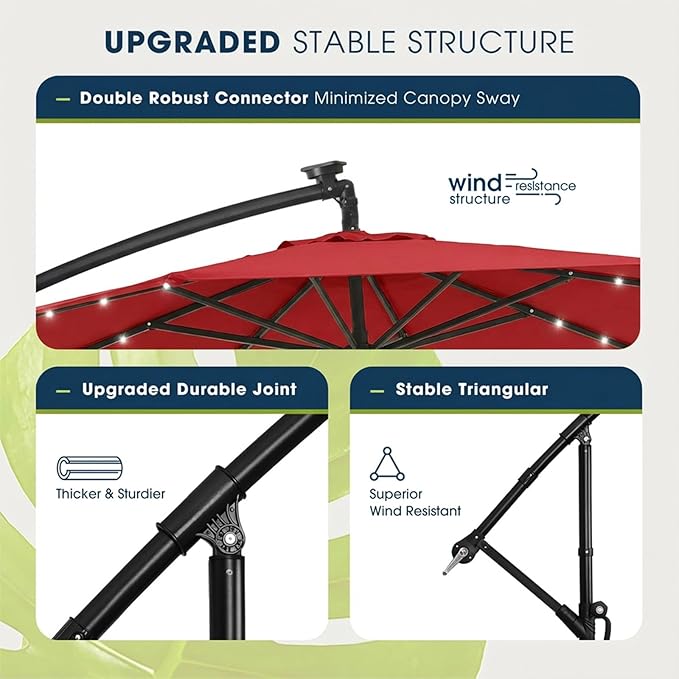 wikiwiki 10ft Solar LED Offset Patio Umbrella, Outdoor Cantilever Patio Umbrellas with Solor Lights for Backyard, Poolside and Garden, Easy Tilt Adjustment, 32 LED Lights & Polyester Shade, Red