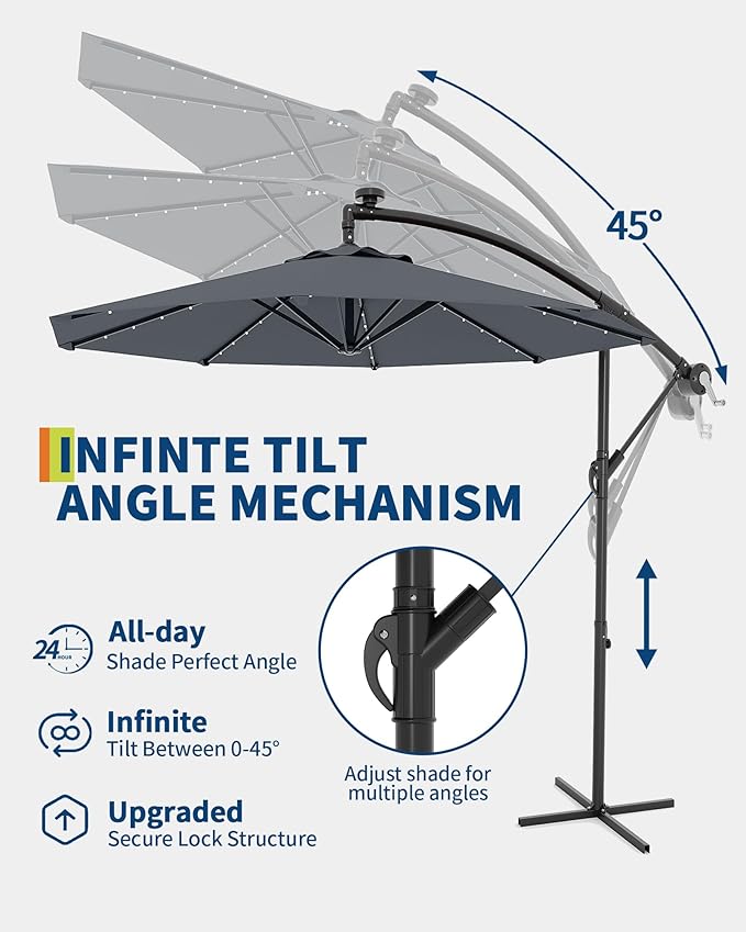 10FT Cantilever Patio Umbrella with Solar LED Lights - Heavy Duty 2-Tier Square Aluminum Offset Outdoor Umbrella, 360° Rotation for Poolside, Backyard, Deck Outdoor Use, Tan