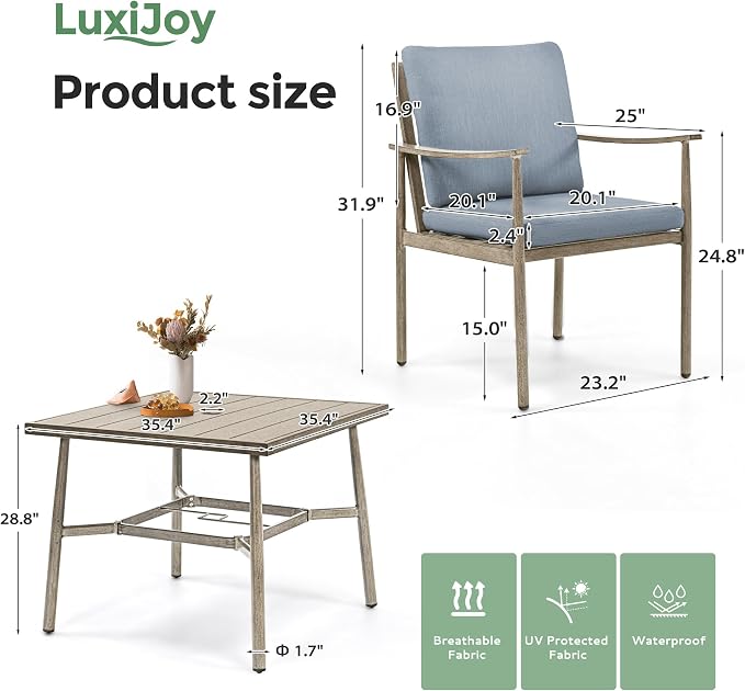5-Piece Outdoor Dining Set for 4, Aluminum Patio Dining Set with Cushions, 4 Dining Chairs with Rope Backrest, Square Table with Umbrella Hole, Patio Dining Set for Lawn Porch Backyard, Grey