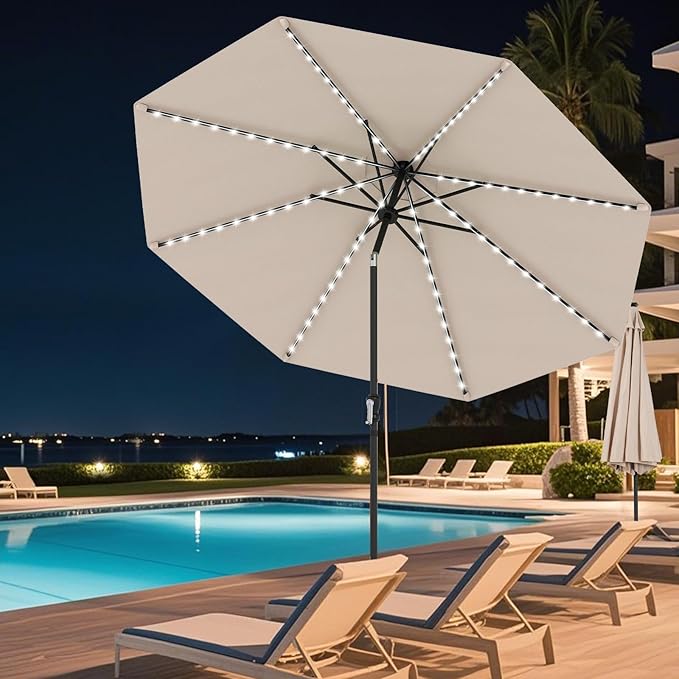 Tangkula 10 FT Solar Patio Umbrella, Outdoor Market Table Umbrella with 96 Multi-Colored Flowing LED Lights, 9 Modes, Tilt Adjustment, Crank Handle, 8 Ribs, Vented Top for Backyard Poolside Deck Lawn