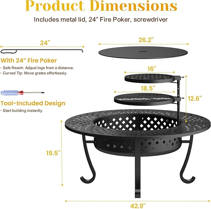 8 Pieces Outdoor Conversation Sets, Aluminum PatioCouch with Metal Fire Pit Table, All-Weather PatioCouch with 5" Thick Cushion, 43'' Firepit Outside Wood Burning with Adjustable 2 Grills, Light Gray