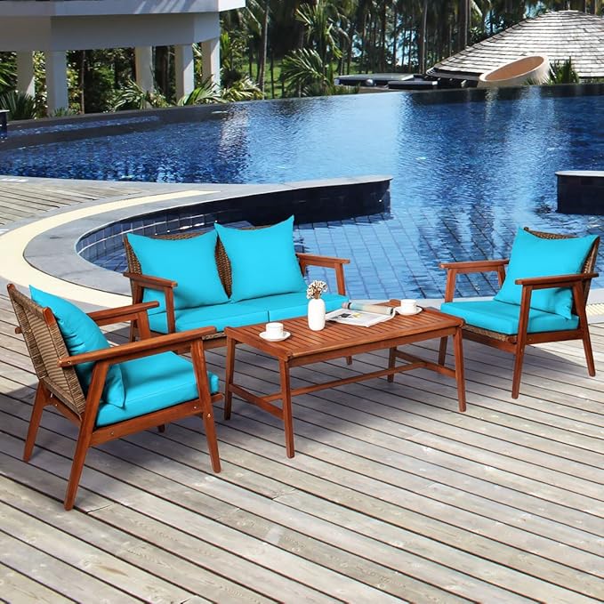 Tangkula 4 PCS Patio Wood Sofa Set, Outdoor Acacia Wood Seating Chat Set with Cushions & Coffee Table, Sectional Conversation Sofa Set for Garden, Backyard, Poolside (1, Turquoise)