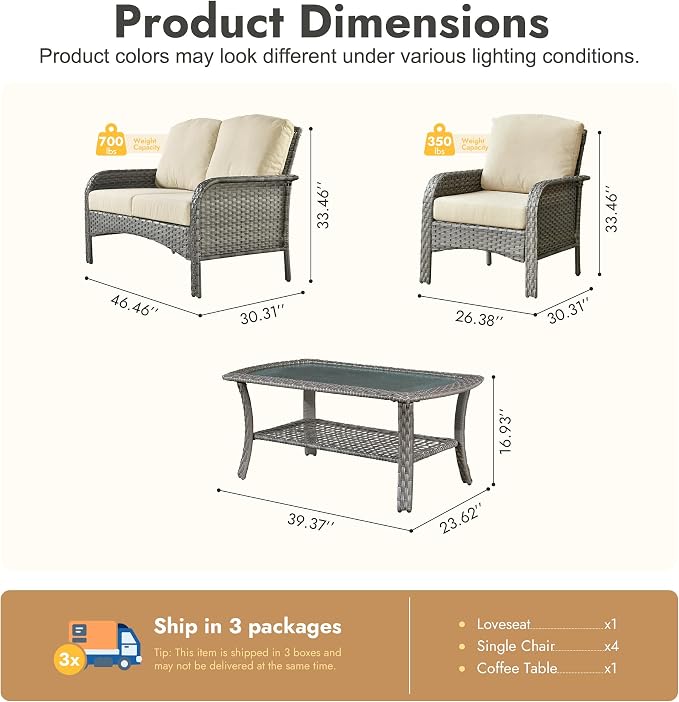 6 Pieces Patio Furniture Set, All-Weather Rattan Wicker Outdoor Furniture Loveseat Chairs with Coffee Table, High Back Conversation Set for Porch, Backyard, Balcony,Beige