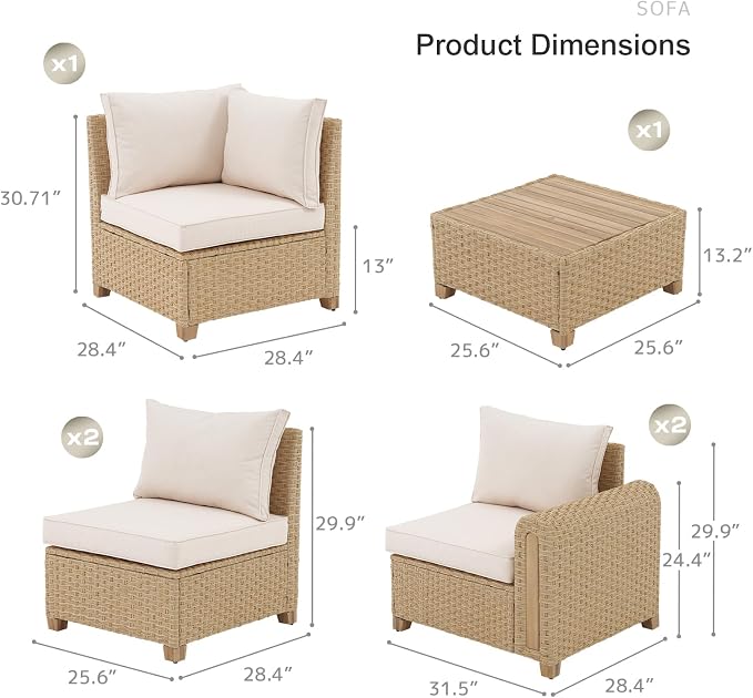 SUNSITT 6-Piece Patio Furniture Set, Outdoor Wicker & Acacia Wood Sectional Sofa Set, Patio Modular Design Conversation Sets with Coffee Table & Thick Comfy Cushion for Porch, Garden, Natural Color
