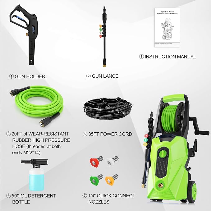 Electric Pressure Washer 5000PSI 2.8GPM Portable Power Washer with 33FT Hose Reel, 4 Nozzle Set for Home/Cars/Fences/Windows, Green