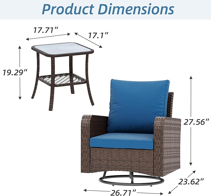 HOMREST 3 Piece Outdoor Swivel Chairs -All Weather Wicker Patio Bistro Table and Chairs Set of 2 Small Patio Furniture Set for Balcony Porch Deck Backyard (Navy)
