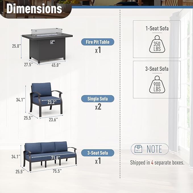 Kurapika Aluminum Patio Furniture Set 5-Seat Modern Metal Outdoor Conversation Sets w/45in Propane Fire Pit Table, w/5.1 Inch Cushion Patio Sectional Sofa w/5.1 inch Cushion, Navy Blue