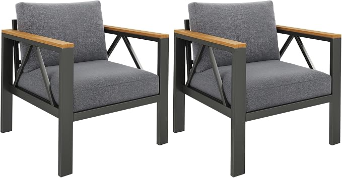 INGEROOM Aluminum Outdoor Patio 2 PCS Armchair Set, Washable Thick Cushions, All-Weather Modern Metal Furniture for Garden, Backyard, Porch, Dark Gray