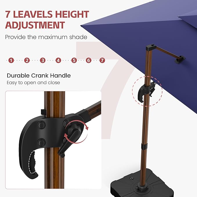 GENTEACO 10x13FT Wood Pattern Cantilever Patio Umbrella, Double Top Rectangle Offset Umbrella 7 Angle Tilts & 360° Rotation, Large Heavy Duty Outdoor Sun Umbrella for Pool Market, Navy Blue
