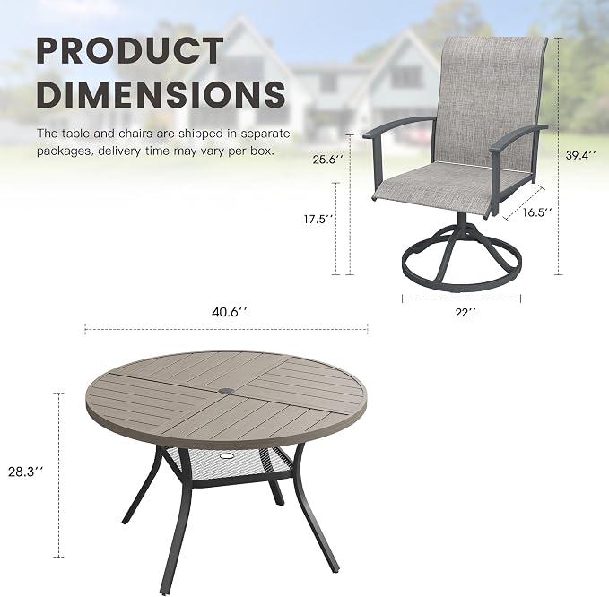 5 Pieces Round Outdoor Table and Chairs Set, Patio Dining Set with 40.6" Round Spliced Outdoor Table and Patio Swivel Chairs for Backyard Lawn Garden, Grey Table and Grey Chairs