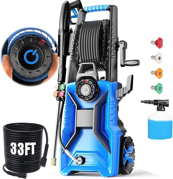 Pressure Washer 5000 PSI Adjustable Pressure, Power Wahser Powered with 33ft Pressure Hose, 4 Nozzles and 500ml Foam Cannon, Powerwahser for Home, Car, Blue