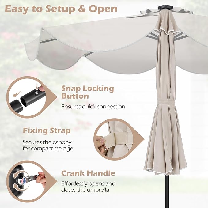 Tangkula 9 FT Solar Patio Umbrella, 2-Tiers Outdoor Scalloped Table Umbrella with 24 LED Lights, Tilt Adjustment, Crank, 8 Ribs for Market Backyard Pool Deck Beach Lawn