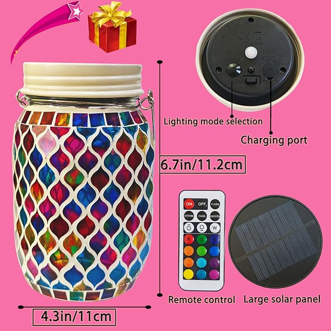 Solar Mosaic Outdoor Lanterns - 12 Color Changing LED, 4 Lighting Modes with Remote Control, Handcrafted Glass Decor Lights, Hanging or Tabletop Decor for Garden (red)