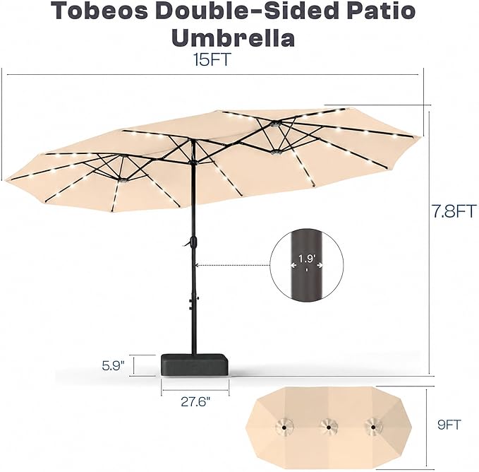 15ft Large Patio Umbrella with Solar Lights and Base, Double-Sided Outdoor Rectangle Umbrella with 48 LED Lights, Market Table Umbrellas with UV Resistant Canopy