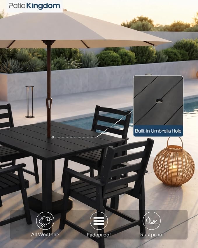 HDPE Outdoor Dining Set for 4, Square Table and Chairs, Black | All-Weather HDPE, Wood Grain Finish, 42.5" Square Table, Built-In Umbrella Hole, Seats 4, Patio & Poolside Ready