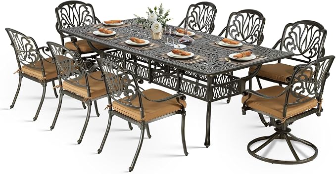 VIVIJASON 9-Piece Outdoor Dining Set, Cast Aluminum Patio Furniture Table & Chairs Set for 8, Include 94.5" Rectangular Table, 2 Swivel Rockers, 6 Stationary Chairs, Umbrella Hole, Khaki Cushion