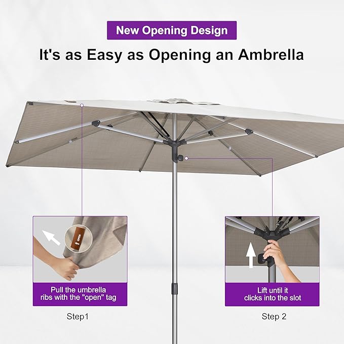PURPLE LEAF 6 X 10 FT Semi-Auto Outdoor Patio Umbrella with Base Market Table Sun Umbrellas with 6 Aluminum Sturdy Ribs for Backyard Deck Garden Pool (Silver Pole Beige Canopy)