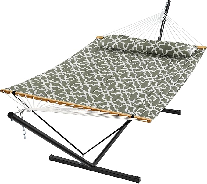 SUPERJARE Hammock with Stand, 2 Person Quilted Outdoor Hammock, Detachable Pillow & Bamboo Spreaders, Portable with Carrying Bag, Heavy Duty Stand, Perfect for Outside, Patio, Grey with White Flower