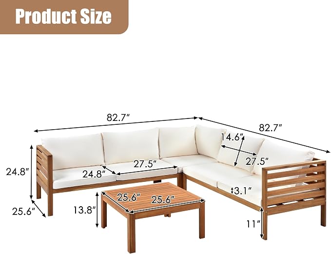 Wood Structure Outdoor Sofa Set, Acacia Wood Conversation Sofa and Table Set with Water-Resistant Cushions, Sectional Sofa Set for Gazebo Garden Balcony Poolside, Beige