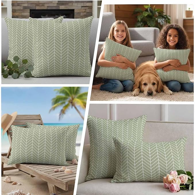 Outdoor Waterproof Throw Pillow Covers Set of 2 Sage Green Chevron Stripes Lumbar Pillowcases 20x12 Inches Modern Geometric Texture Decorative Pillows Cushion Case Patio Pillows for Couch Bed Chair
