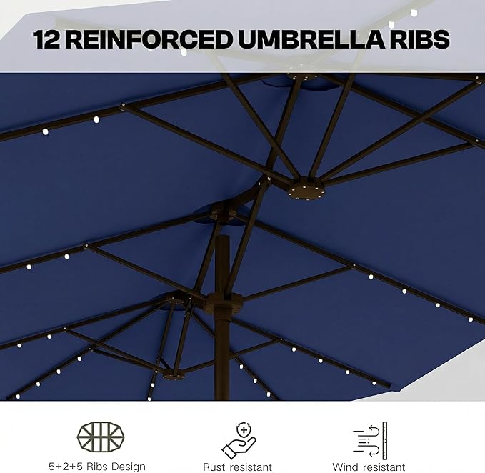 15ft Large Patio Umbrella with Solar Lights and Base, Double-Sided Outdoor Rectangle Umbrella with 48 LED Lights, Market Table Umbrellas with UV Resistant Canopy