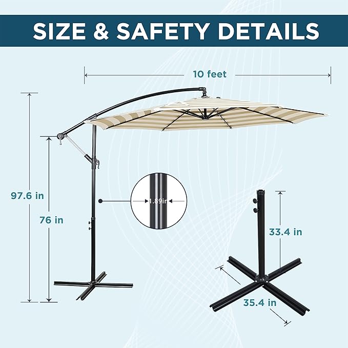 10FT Offset Patio Umbrella, Cantilever Hanging Umbrella with Infinite Tilt, Fade-Resistant Water-Repellent Canopy & Cross Base for Yard, Garden & Deck