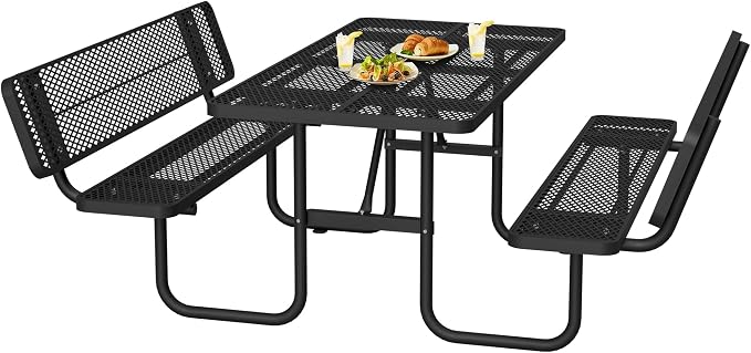72" Heavy-Duty Iron Mesh Picnic Table Set with Backrest Black | 1.73'' Umbrella Hole, Commercial-Grade Outdoor Table for Patio, Garden or Park–Rust-Resistant, Heat-Proof, All-Season Use