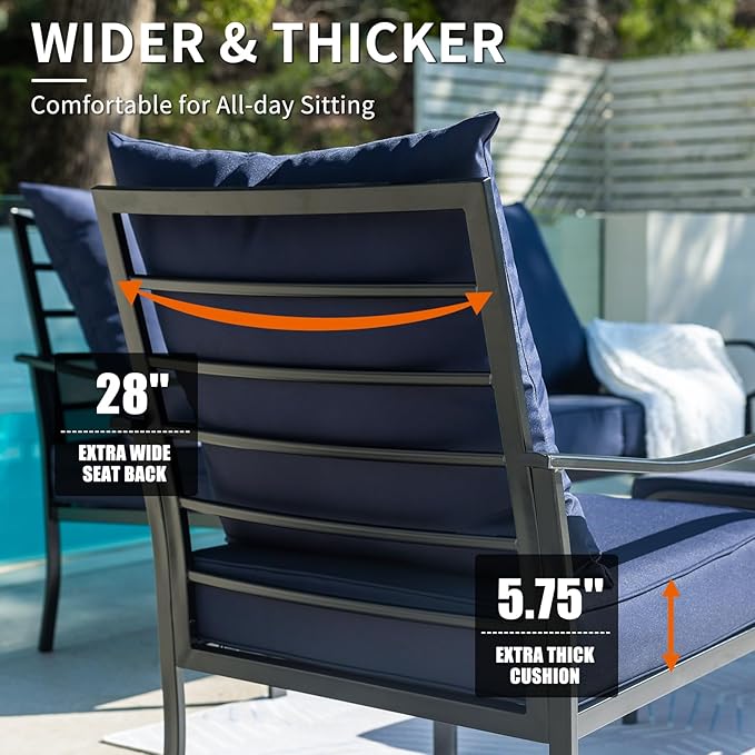 5 Piece Patio Furniture Set, Metal Patio Conversation Set with 1x3 Seater Sofa & 2xFixed Chairs & 2xOttomans, 5.75'' Extra Thick Cushion for Lawn Garden Backyard, Navy Blue