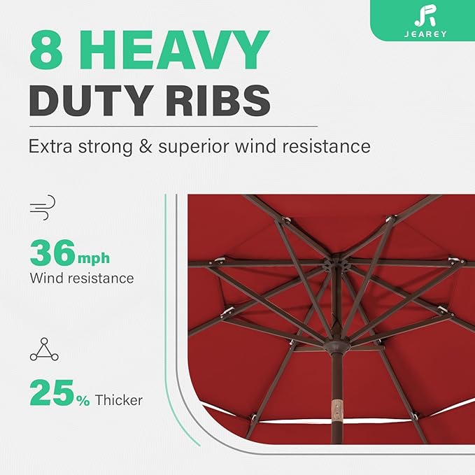JEAREY 3 Tiers 9 FT Patio Umbrellas Outdoor Table Umbrella with Push Button Market Umbrella 8 Sturdy Ribs UV Protection Waterproof for Garden,Red