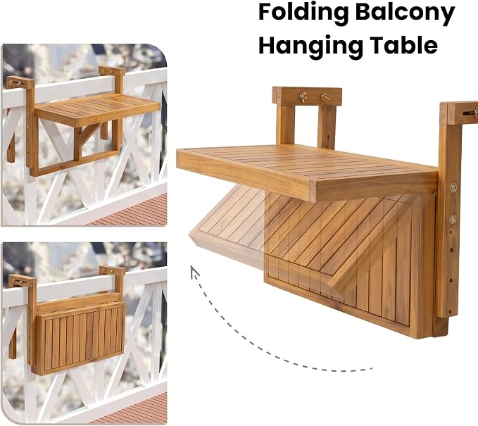 Acacia Wood Balcony Hanging Table – Stable Fixed Outdoor Railing Table – Weather-Resistant White Finish – Adjustable Mounting for Small Balcony, Patio, and Porch (Natural Wood - 1pc)