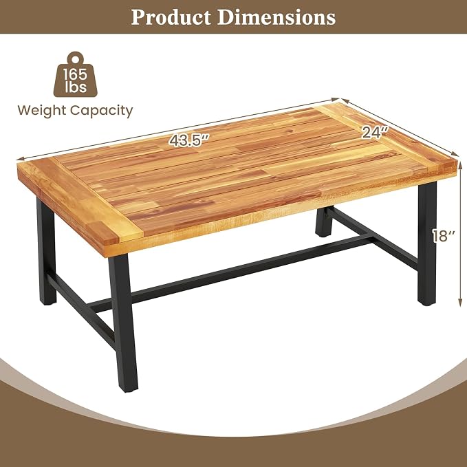 HAPPYGRILL Acacia Wood Patio Coffee Table, Outdoor Rectangular Center Table with Sturdy Metal Frame, Adjustable Leveling Feet, Tea Table for Balcony, Poolside, Porch, Deck
