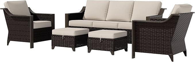 5 Piece Wicker Patio Conversation Set, All-Weather Use Outdoor 2 PE Rattan Chair, 2 Ottoman, 1 Patio Sofa, Removable Water-Resistant Cushion, Ideal for Porch, Backyard, Balcony, Poolside, Beige