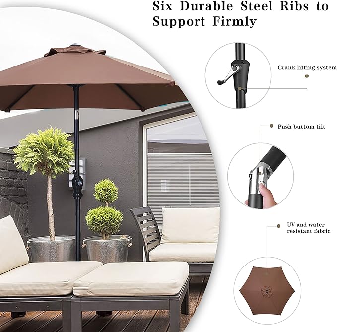 GDY 7.5ft Patio Umbrella Outdoor Umbrella with Tilt, Crank and Umbrella Weighted Base, for Yard/Outdoor/Wedding Parties and Events (Coffee)