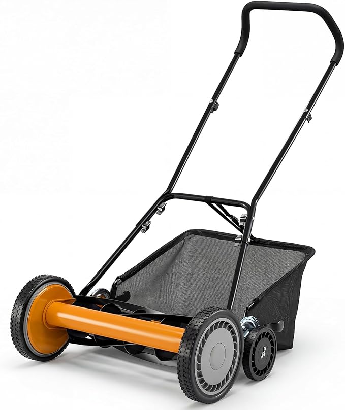 Push Reel Lawn Mower, Cordless 18" Manganese Steel Manual Grass Cutter with 5-Blade, Removable Grass Catcher, 9 Cutting Heights, Walk-Behind Lawn Mower for Garden Farm Yard (Orange)
