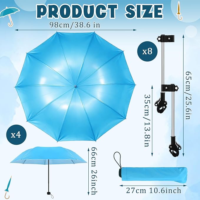 Gilprop 4 Pack Beach Umbrella with Clamp 38.6'' Adjustable Umbrellas for Chair Portable Folding Sun Shade for Pool Outdoor Camping Patio Golf Carts