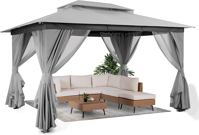 LAUSAINT HOME 10'x13' Outdoor Gazebo, Metal Frame Heavy Duty Patio Canopy Tent Shelter with Double Roofs, Mosquito Nettings and Privacy Screens for Backyard, Garden, Lawn, Gray