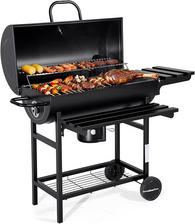 MASTER COOK Barrel Charcoal Grill with Foldable Front Shelf, 686 Sq.in. Cooking Area Outdoor bbq Grill,Thermometer and Adjustable Air Vents for Patio, Parties,Backyard, Tailgating, Black
