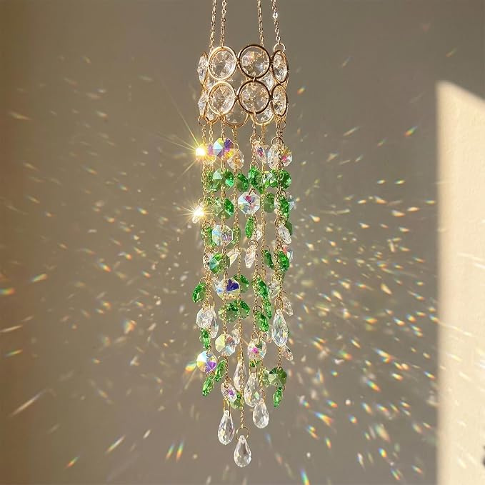 Crystal Suncatchers for Window Hanging Decor, Prism Rainbow Maker with Chain & Hook, Ornament for Ceiling, Garden, Home, Indoor & Outdoor Decoration, Green