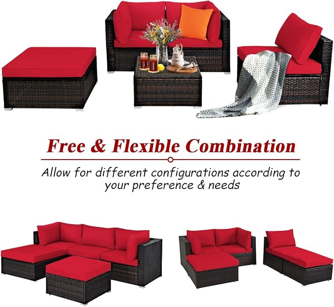 DORTALA 5 Pieces Patio Rattan Furniture Sets, Sectional Sofa Conversation Set w/Steel Frame & Sponge Cushions, Modern Wicker Combination Sofa Set w/Ottoman & Table for Garden Lawn Balcony, Red
